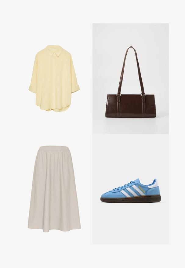Lichtgele, knoopdoorlopende shirt gemaakt van zacht materiaal. Heeft een klassieke kraag, opgerolde mouwen en een ontspannen pasvorm met een gebogen zoom.; Lichtbeige, enkelhoge rok met een elastische tailleband. Beschikt over verticale streepjes en een luchtige, gestructureerde stof.; Lichtblauwe suède sneakers met witte leren strepen, een bruine textuurzool en gouden logo-detail. Laag ontwerp met een ronde neus.; Bruine lakleren handtas met een rechthoekige vorm, twee lange handvatten en subtiele gebogen accenten aan de voorkant.