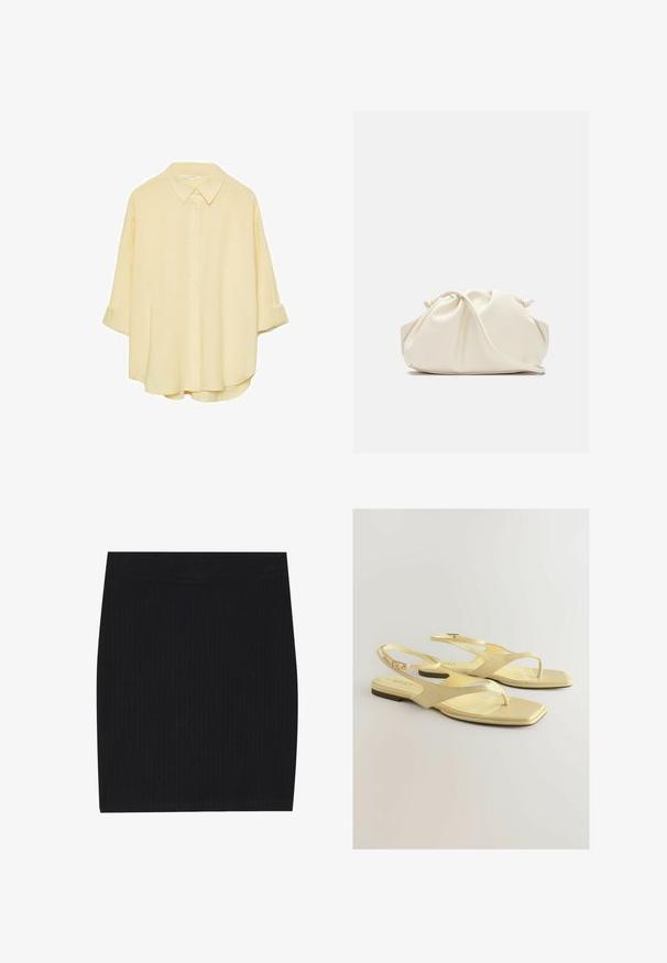 Chemise jaune pâle à manches longues, en tissu doux. Elle présente un col classique, des manches à rouleaux et une coupe décontractée avec un ourlet incurvé.; Mini-jupe en tricot côtelé noir avec un design ajusté, texture lisse et taille élastique pour plus de confort.; Sandales plates jaunes avec une tige en simili cuir texturé, design à lanière entre les orteils et une sangle de cheville avec une petite boucle. Forme de pied carrée, style minimaliste.; Sac en cuir synthétique de couleur crème, doux, avec un design froncé, une bandoulière adjustable et une fermeture à cordon subtile. Texture lisse et forme arrondie.