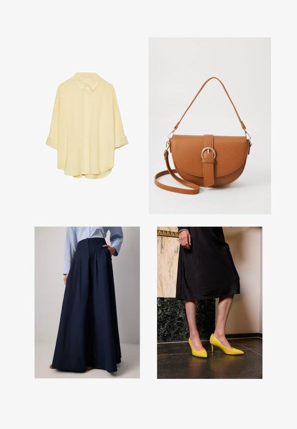 Vaaleankeltainen, napillinen paita pehmeästä kankaasta. Siinä on klassinen kaulus, käännetyt hihat ja rento istuvuus kaarrevahvalla helmalla.; Laaha sininen pitkähame, jossa on laskokset, valmistettu kevyestä kankaasta, varustettu sivutaskuilla ja korkealla vyötäröllä. Sujuva tekstuuri ja tyylikäs laskos.; Keltaiset lakatut korkokengät, joissa on terävät varpaat ja ohuet korkeat korot, sijoitettuna tummalle kivilattialle vaalean seinän taustalla.; Ruskean nahkainen olkalaukku, jossa on kaareva muoto, kultaiset yksityiskohdat ja solkiyksityiskohta. Varustettu irrotettavalla olkahihnalla.