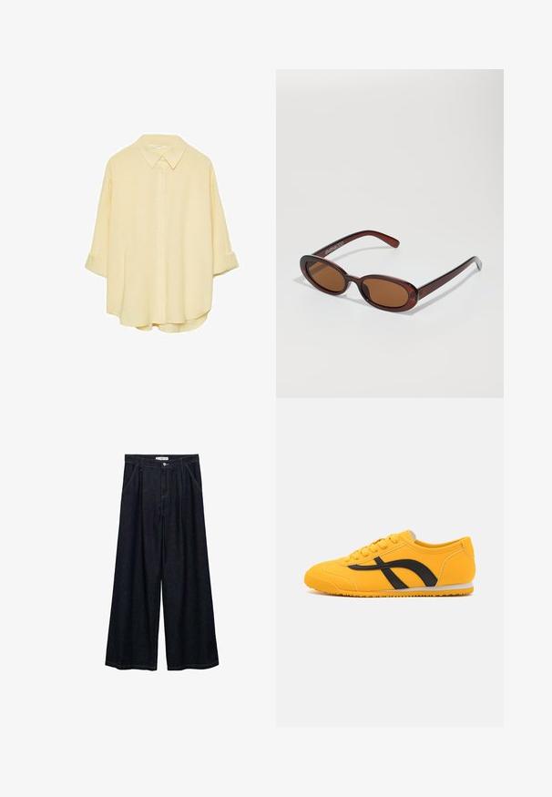 Chemise jaune pâle à manches longues, en tissu doux. Elle présente un col classique, des manches à rouleaux et une coupe décontractée avec un ourlet incurvé.; Pantalons larges en denim foncé avec taille haute, présentant une fermeture à bouton à l'avant, deux poches latérales et des détails de couture.; Call it Spring BEAA - Baskets basses - yellow; Lunettes de soleil rondes teinte brun avec une monture bordeaux brillante. Branches fines avec un détail de marque subtil. Design de verres plats.; Sweat-shirt oversized gris avec une poche kangourou, associé à une jupe évasée marine. Accessoire : grand sac à dos jaune clair, texture lisse.