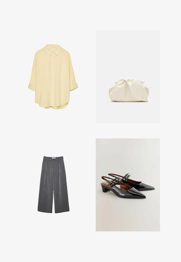 Lysegul, knappet skjorte lavet af blødt stof. Har en klassisk krave, opkrøllede ærmer og en afslappet pasform med en buet kant.; Plisserede vide bukser i en mørkegrå stof med en subtil tekstur. Har en knaplukning og et klassisk talje-design.; Sorte patentlæder slingback sko med spids tå, mellem høj hæl og dekorative spænde remme. Glat tekstur med slankt design.; Cremefarvet, blødt kunstlædertaske med sammenkrøllede detaljer, justerbar rem og diskret snørelukning. Glat overflade og afrundet form.
