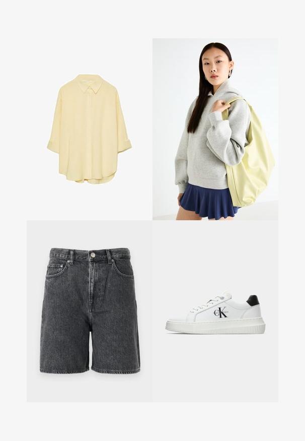 Chemise jaune pâle à manches longues, en tissu doux. Elle présente un col classique, des manches à rouleaux et une coupe décontractée avec un ourlet incurvé.; Shorts en denim noir délavé avec passants de ceinture, bouton avant, fermeture éclair, et design classique à cinq poches.; Baskets basses blanches avec un tab de talon noir, semelle plateforme, lacets et logo "CK" de Calvin Klein sur le côté.; Sweat-shirt oversized gris avec une poche kangourou, associé à une jupe évasée marine. Accessoire : grand sac à dos jaune clair, texture lisse.