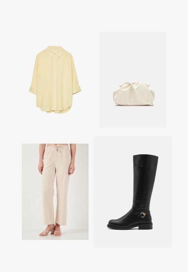 Lysegul, knappet skjorte lavet af blødt stof. Har en klassisk krave, opkrøllede ærmer og en afslappet pasform med en buet kant.; Beige, løstsiddende bukser med elastisk talje og snor. Glat tekstur; bredbenet design. Match med lette sandaler med stropper.; Anna Field Wide Fit Høje støvler/ Støvler - black; Cremefarvet, blødt kunstlædertaske med sammenkrøllede detaljer, justerbar rem og diskret snørelukning. Glat overflade og afrundet form.