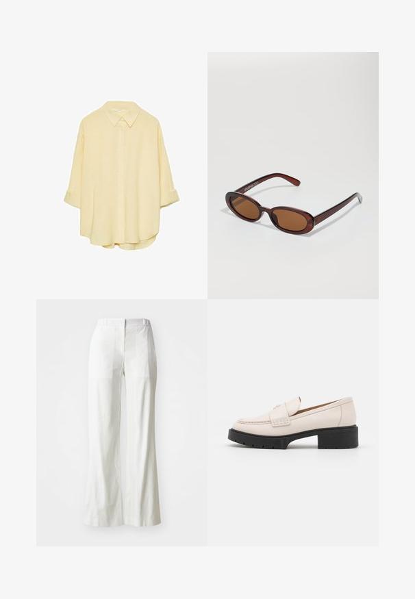 Svijetložuta, košulja s dugim rukavima od mekanog materijala. Ima klasičnu kragnu, podvrnute rukave i opušteni kroj s zakrivljenim donjim rubom.; Bijele, visoko strukirane hlače širokih nogavica napravljene od lagane tkanine. Imaju ravni prednji dio, stražnje džepove i čist, jednostavan dizajn.; Svijetlosmeđi kožni loaferi s ušivenim prednjim dijelom i teksturiranim crnim platformastim potplatom. Imaju zakrivljeni dizajn i blagu elevaciju.; Okvir okruglih, smeđkastih sunčanih naočala s sjajnim burgundskim okvirom. Uski nositelji s suptilnim brendiranjem. Ravna leća.