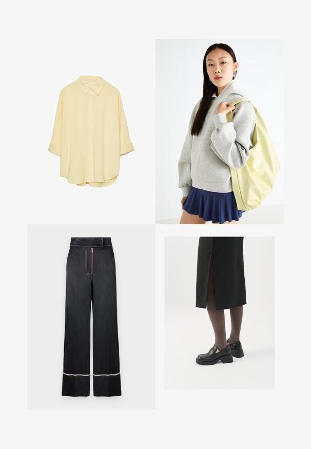 Chemise jaune pâle à manches longues, en tissu doux. Elle présente un col classique, des manches à rouleaux et une coupe décontractée avec un ourlet incurvé.; Pantalons larges noirs à taille haute, avec une fermeture éclair à l'avant et des coutures blanches contrastantes le long de l'ourlet et des côtés.; Chaussures noires en cuir avec un bout arrondi, un épais talon bloc et des accents latéraux élastiques, associées à des bas foncés et une jupe noire avec une fente.; Sweat-shirt oversized gris avec une poche kangourou, associé à une jupe évasée marine. Accessoire : grand sac à dos jaune clair, texture lisse.