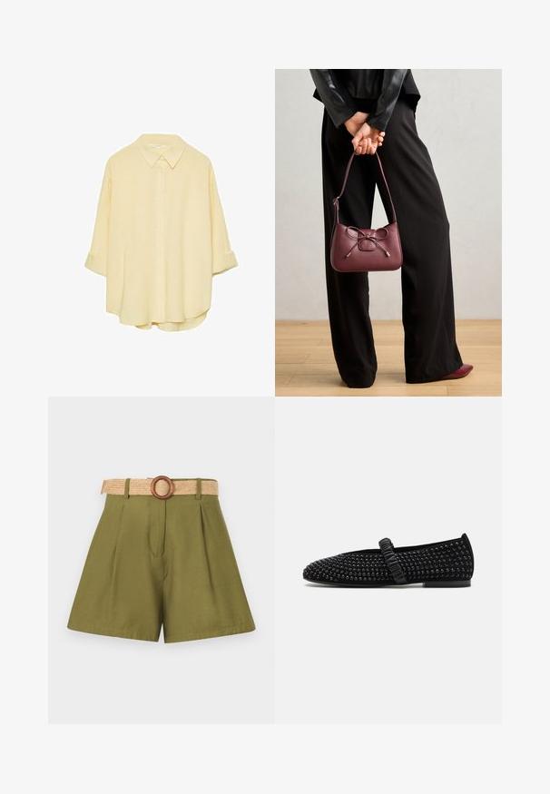 Světle žlutá košile na knoflíky vyrobená z měkké tkaniny. Obsahuje klasický límec, ohrnuté rukávy a volný střih s zakřiveným spodním lemem.; Olivově zelené šortky s plisováním, vybavené pleteným slaměným pásem a dřevěnou sponou. Hladká textura, zakázkový design s čistými liniemi.; Černé ploché boty s špičatou špičkou, zdobené černými hroty na svršku, s nařaseným páskem přes nárt. Guma na podrážce.; Burgundská kožená kabelka s mašlí, s úzkým popruhem a zlatými detaily, kterou drží osoba v černých kalhotách.