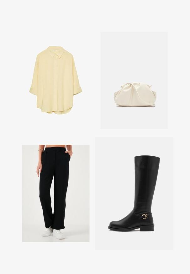 Svetlo rumena, srajca na gumbe iz mehkega materiala. Ima klasičen ovratnik, zavihane rokave in sproščen kroj s ukrivljenim robom.; Črne široke hlače z gladko teksturo, zloženo sprednji del in stranskimi žepi. Nosi se jih z belimi supergami za kontrast.; Anna Field Wide Fit Škornji - black; Krema barve, mehka torba iz umetnega usnja z nabranim dizajnom, nastavljivim ročajem in diskretnim zapiranjem na vrvico. Gladka tekstura in zaobljena oblika.
