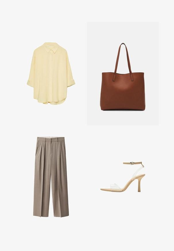 Jasnożółta, zapinana na guziki koszula z miękkiego materiału. Posiada klasyczny kołnierzyk, podwinięte rękawy oraz luźny krój z zaokrąglonym dołem.; Beżowe spodnie plisowane wykonane z lekkiego materiału, o wysokim stanie, luźnym kroju i dwóch bocznych kieszeniach. Płaski przód.; Przezroczysta sandał z obcasem, z przezroczystą cholewką, beżową wkładką i smukłym paskiem w okolicy kostki. Posiada spiczasty czubek i cienki wysoki obcas.; Brązowa skórzana torba tote o gładkiej fakturze, z otwartym wierzchem i dwoma ramiączkami. Charakteryzuje się minimalnym przeszyciem i brakiem widocznych elementów metalowych.