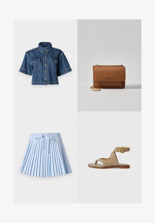 Kürzerer Jeansjacke in Dunkelblau mit kurzen Ärmeln, zwei Brusttaschen, goldenen Knopfakzenten und einem klassischen Kragen-Design.; sandro Faltenrock - bleu ciel; Beige Wildledersandale mit einem Zehensteg, offenen Seiten und einem breiten Knöchelriemen mit einer goldenen Schnalle. Flache braune Sohle mit leichtem Rand.; Braune strukturierte Ledertasche mit goldener Kettenriemen und Klappenverschluss. Die Vorderseite zeigt ein Logo-Detail und eine Tasche unter der Klappe.