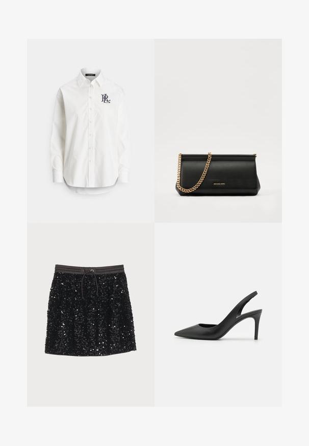 Camisa branca de botões em algodão com mangas compridas, gola pontiaguda e um logótipo azul-marinho bordado no peito esquerdo. Bainha arredondada na parte inferior.; Saia pretas de lantejoulas com uma cintura elástica e cordão, apresentando uma textura suave e uma superfície brilhante, refletindo a luz.; Sandalias de salto alto em couro preto com design de bico fino, apresentando um recorte na parte da frente e um salto stiletto fino.; Mala de mão de couro preta com uma alça de corrente dourada, apresentando uma textura suave, forma retangular e uma marca gravada na parte da frente.