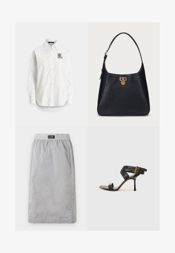 Camicia bianca in cotone con maniche lunghe, colletto appuntito e logo blu ricamato sul petto a sinistra. Orlo arrotondato nella parte inferiore.; Gonna grigia di lunghezza al ginocchio realizzata in materiale leggero, presenta una vita elastica e tasche laterali. Etichetta del marchio "LPS" sulla vita.; Sandal nero con tacco a spillo, straps incrociati e fibbia regolabile. Presenta una texture liscia e un tacco affusolato.; Borsa a spalla in pelle nera con design curvo, dotata di una chiusura a lucchetto dorato e una tracolla arrotondata. Texture liscia con accenti minimi.
