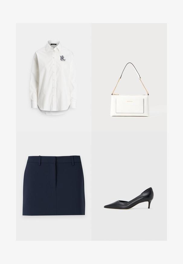 Camisa branca de botões em algodão com mangas compridas, gola pontiaguda e um logótipo azul-marinho bordado no peito esquerdo. Bainha arredondada na parte inferior.; Saia azul-marinho feita de tecido suave, com uma cintura, abertura frontal e linhas limpas sem bolsos ou enfeites.; Sapato de salto alto preto em pele com bico fino e salto baixo. Apresenta uma textura suave e brilho subtil. Corte aberto na parte da frente para um detalhe adicional.; Bolsa de mão branca em couro com acabamento texturizado, featuring a corrente dourada e detalhes pretos. Inclui um bolso frontal e fecho com zipper.