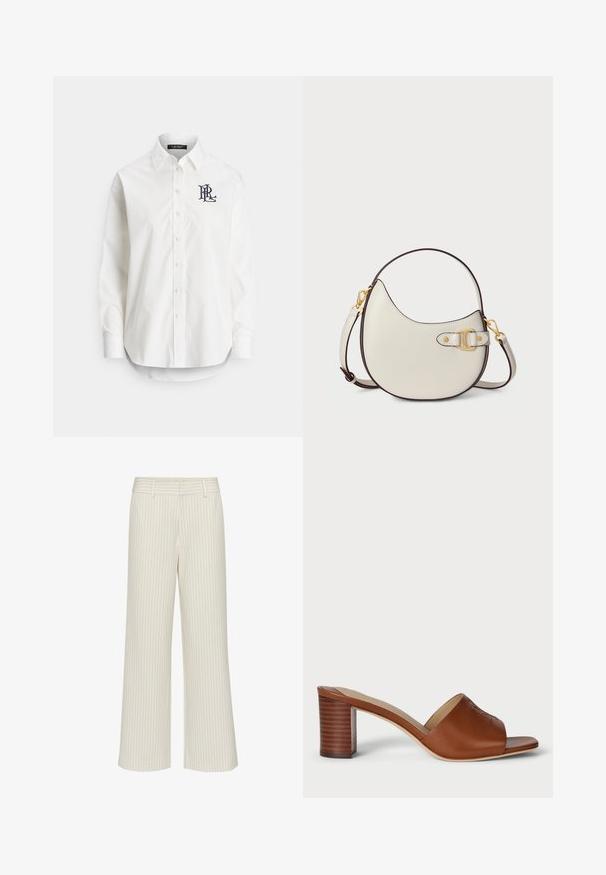 Bílá bavlněná košile s dlouhými rukávy, špičatým límečkem a námořnicky modrým logem vyšitým na levé straně hrudi. Zaoblený spodní lem.; Kalhoty s širokými nohavicemi z krémové tkaniny s jemnými vertikálními pruhy, s plochým pasem a poutky na pásek. Hladká textura bez kapes.; Hnědé kožené muly na podpatku s širokým otevřeným špičkou, zakřiveným vrškem a stohovaným válcovým podpatkem s horizontálními liniemi.; Krémová kožená kabelka s zakřiveným tvarem a hnědým obšitím. Obsahuje zlaté zapínání a nastavitelný popruh pro všestranné možnosti nošení.