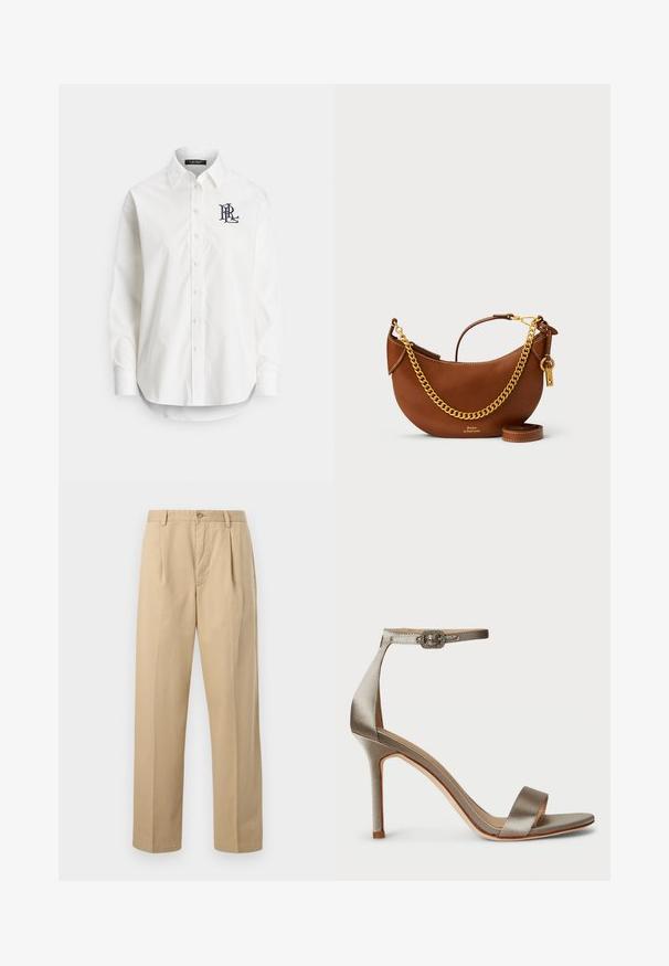 White button-up shirt in cotton with long sleeves, pointed collar, and a navy logo embroidered on the left chest. Rounded hem at the bottom.; Beige straight-leg trousers with belt loops, front button, zip closure, and pleats at the waist, displayed on plain background.; Satin high-heeled sandal in silver with an ankle strap, featuring a decorative buckle. Open toe and slim, sleek design.; Brown leather handbag with a curved design, gold chain strap, interior pocket, and a detachable shoulder strap. Features contrasting stitching.