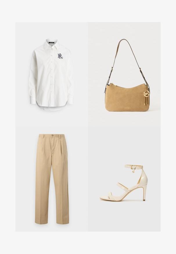 Hvit bomullsskjorte med knapper, lange ermer, spiss krage, og en marineblå logo brodert på venstre bryst. Rundet kant nederst.; Beige bukser med rette bein, beltehemper, frontknapp, glidelåslukking og folder ved midjen, vist på ensfarget bakgrunn.; Beige høyhælte sandaler med tynn ankelstropp og to stropper over. Glanset lakkfinish og detaljer i gull på ankelstroppen.; Brun suède skulderveske med buet fasong, gullfarget hardware og glidelås. Har en vedlagt charm med initialene "MK."