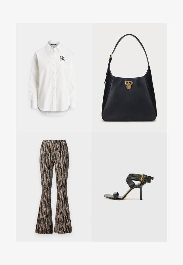 White button-up shirt in cotton with long sleeves, pointed collar, and a navy logo embroidered on the left chest. Rounded hem at the bottom.; Diane von Furstenberg BURANO PANTS - Trousers - black; Black heeled sandal with crossed straps and adjustable buckle. Features a smooth texture and tapered stiletto heel.; Black leather shoulder bag with a curved design, featuring a gold lock closure and a rounded strap. Smooth texture with minimal accents.