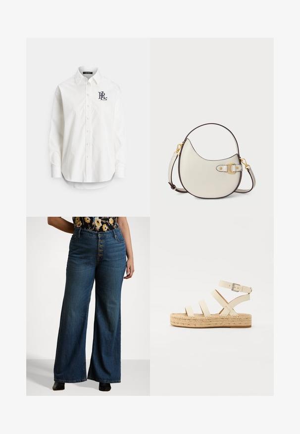 White button-up shirt in cotton with long sleeves, pointed collar, and a navy logo embroidered on the left chest. Rounded hem at the bottom.; High-waisted wide-leg jeans in dark blue denim, featuring a button-up front, five pockets, and a classic straight silhouette.; Beige leather sandals with crossed straps, buckle detail, and a jute platform sole. The design features a thick woven texture and flat base.; Cream leather handbag with a curved shape and brown trim. Features a gold clasp and adjustable strap for versatile carrying options.