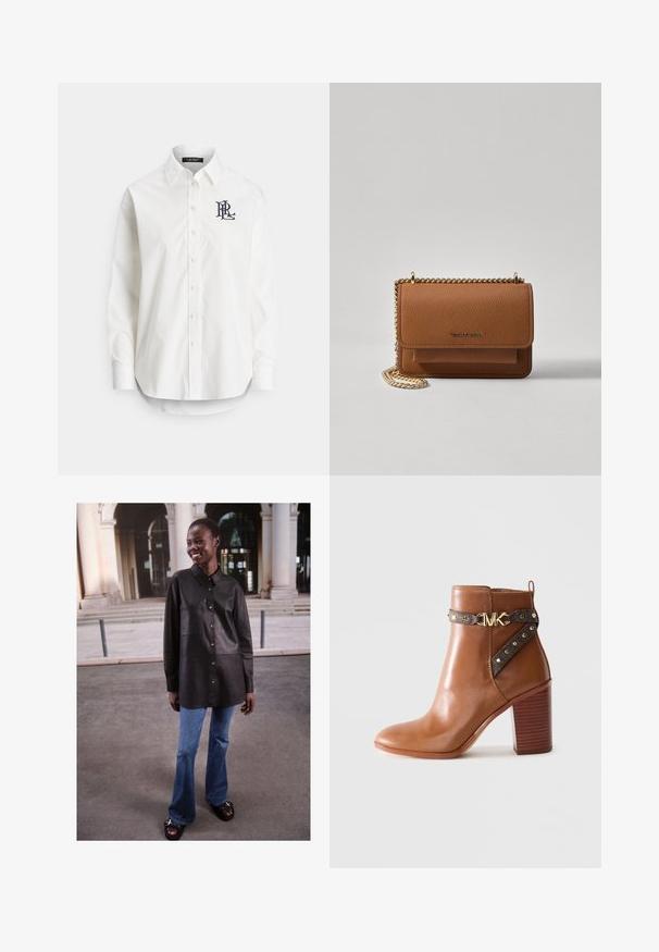 Camicia bianca in cotone con maniche lunghe, colletto appuntito e logo blu ricamato sul petto a sinistra. Orlo arrotondato nella parte inferiore.; Camicia nera in pelle con chiusura a bottoni, design con colletto e tasca frontale, abbinata a jeans in denim blu svasati e sandali neri.; Stivale alla caviglia in pelle marrone con tacco a blocco impilato, cinturino laterale con borchie dorate e una fibbia con logo "MK" dorato.; Borsa a tracolla in pelle marrone con texture, dotata di catena dorata e chiusura a pattina. Sul davanti presenta un dettaglio con logo e una tasca sotto la pattina.