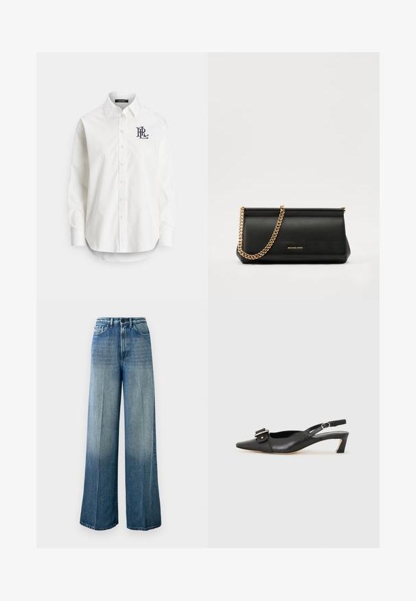 White button-up shirt in cotton with long sleeves, pointed collar, and a navy logo embroidered on the left chest. Rounded hem at the bottom.; Light blue, wide-leg jeans made of denim. Features a high waist, classic five-pocket design, and a faded gradient from dark to light.; Black leather slingback shoe with pointed toe, small heel, and decorative buckle detail on the upper. Smooth texture, minimalistic design.; Black leather clutch bag with a gold chain strap, featuring a smooth texture, rectangular shape, and embossed branding on the front.