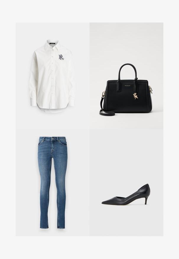 Camisa blanca de algodón con botones, manga larga, cuello puntiagudo y un logo azul marino bordado en el pecho izquierdo. Bajo redondeado.; Jeans ajustados de mezclilla azul claro, con cinco bolsillos, cierre de botón y una textura deslavada con sutiles marcas de desgaste y detalles de costura.; Zapato de tacón bajo de cuero negro con punta puntiaguda. Presenta una textura lisa y un brillo sutil. Corte abierto en la parte frontal para un detalle adicional.; Bolso de piel negra con diseño estructurado, doble asa superior, correa de hombro desmontable, herrajes dorados y un charm de logo como acento.