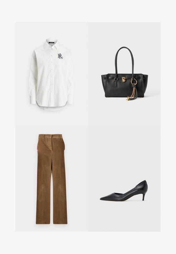 Cămașă albă cu nasturi din bumbac, cu mâneci lungi, guler ascuțit și un logo bleumarin brodat pe pieptul stâng. Tiv rotunjit în partea de jos.; Pantaloni largi din corduroy maro, cu bucle pentru curea și buzunare frontale, expuși plat pe un fundal alb.; Pantof din piele neagră, cu vârf ascuțit și toc mic. Are o textură netedă și un luciu subtil. Decupaj deschis în partea din față pentru un detaliu suplimentar.; Geantă de mână din piele neagră cu mânere duble, lacăt aurit și detalii cu lanț, împreună cu un accesoriu cu ciucuri alb-negru, pe fond alb.