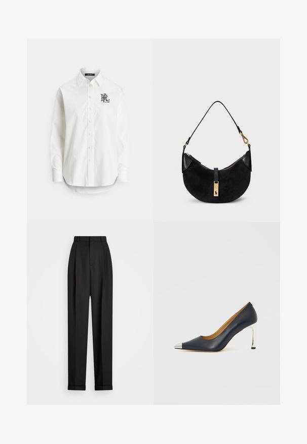 Fehér gombos pamut ing hosszú ujjakkal, hegyes gallérral és bal oldali mellrészen hímzett tengerészkék logóval. Lekerekített alsó szegély.; Fekete, testre szabott nadrág magas derékkal, redőzött elejével, felgőrdített szegéllyel és sima textúrával. Könnyű anyagból készült.; Tengerészkék bőrből készült magas sarkú cipő hegyes orral, ezüst metál kötéssel és fényes ezüst magas tűsarokkal.; Fekete kézi táska ívelt formában, velúrból és bőrből készült, aranyszínű cipzárral és logó részlettel rendelkezik. Rövid fogantyú található rajta.