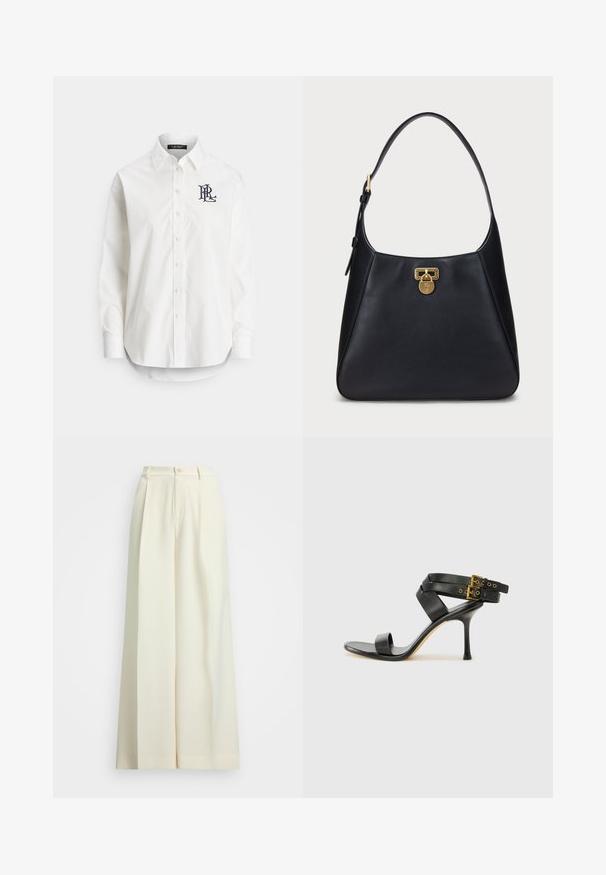 Camisa branca de botões em algodão com mangas compridas, gola pontiaguda e um logótipo azul-marinho bordado no peito esquerdo. Bainha arredondada na parte inferior.; Calças de perna larga em tecido bege claro, com cintura alta, pregas duplas e fecho de botão. Textura suave e design ajustado.; Sandal preto de salto alto com tiras cruzadas e fivela ajustável. Apresenta uma textura suave e um salto agulha afilado.; Mala de ombro em pele preta com um design curvado, apresentando um fecho de locking dourado e uma alça arredondada. Textura suave com acentos mínimos.