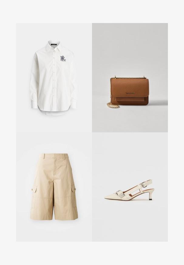 Hvid skjorte i bomuld med lange ærmer, spids krave og et marineblåt logo broderet på venstre bryst. Rundet kant nederst.; Beige cargo shorts lavet af letvægtsstof, med to sidelommer, en flad front og en afslappet pasform.; Hvide læderslingbacksko med spids tå, lille hæl og justerbar rem med en fremtrædende sølvspænde detalje.; Brun tekstureret læder crossover-taske med guldkæde-rem og klaplukning. Forsiden har logo-detalje og en lomme under klappen.