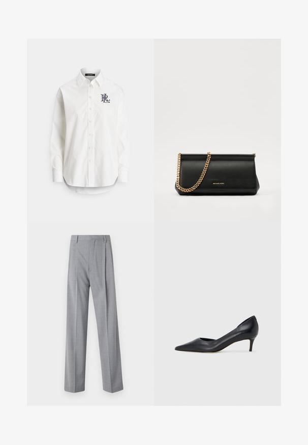 Camisa branca de botões em algodão com mangas compridas, gola pontiaguda e um logótipo azul-marinho bordado no peito esquerdo. Bainha arredondada na parte inferior.; Calças cinzas, leves, com um corte ajustado, apresentando uma textura suave, padrão discreto e duas pregas frontais para um detalhe adicional.; Sapato de salto alto preto em pele com bico fino e salto baixo. Apresenta uma textura suave e brilho subtil. Corte aberto na parte da frente para um detalhe adicional.; Mala de mão de couro preta com uma alça de corrente dourada, apresentando uma textura suave, forma retangular e uma marca gravada na parte da frente.