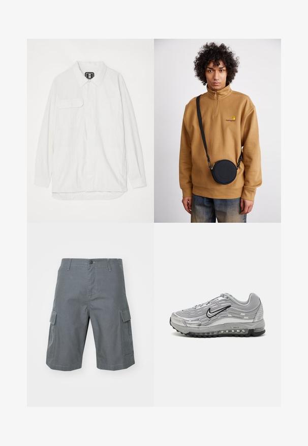 Bela srajca z gumbi iz teksturirane tkanine, ki vsebuje ovratnik, dve sprednji žepi in ukrivljen spodnji del, ki je nekoliko daljši zadaj.; Bela športna modrček z gladkim približno, designom racerback in sivo elastično srajčko z logotipom Carhartt v črni barvi. Velikost S.; Carhartt WIP REGULAR CARGO COLUMBIA - Kratke hlače - graphite; Sive Nike Air Max športni copati z mrežastim in sintetičnim zgornjim delom, valovitim dizajnom, črnimi detajli in vidno enoto za zračno blazinjenje.; Rjav polarni pulover s četrt zadrgo in vezenim logotipom, s črno krožno torbico za čez ramo z zadrgo in podrobnostmi logotipa, oblečen nad denimom.