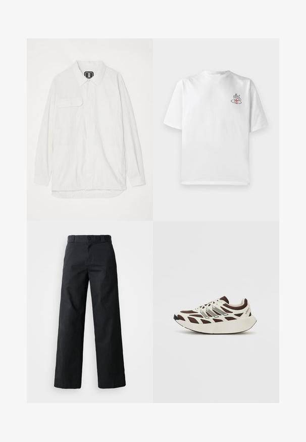White button-up shirt made of textured fabric, featuring a collar, two front pockets, and a curved hem with a slightly longer back.; White cotton t-shirt with short sleeves, featuring a small pink and black coffee cup graphic on the left chest area.; Black wide-leg trousers made of cotton. Features a button closure, belt loops, and side pockets. Smooth texture with a tailored cut.; Brown and cream sneaker with a mesh upper, textured overlays, and a rounded, thick white sole. Features a low-profile tongue and laces.