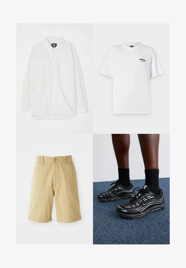 Chemise blanche à boutons, fabriquée dans un tissu texturé, dotée d'un col, de deux poches avant et d'un ourlet incurvé avec un dos légèrement plus long.; T-shirt en coton blanc, à manches courtes, col rond, avec le logo noir "Dickies" sur la poitrine gauche. Texture lisse, coupe décontractée.; Shorts kaki en coton, avec une fermeture éclair, une patte de boutonnage, deux poches latérales et une coupe décontractée. Texture lisse, design à longueur de genoux.; Des chaussures Nike noires présentent une tige en mesh avec des rayures d'accent, un laçage texturé et une semelle en caoutchouc noir. Portées avec des chaussettes noires côtelées.