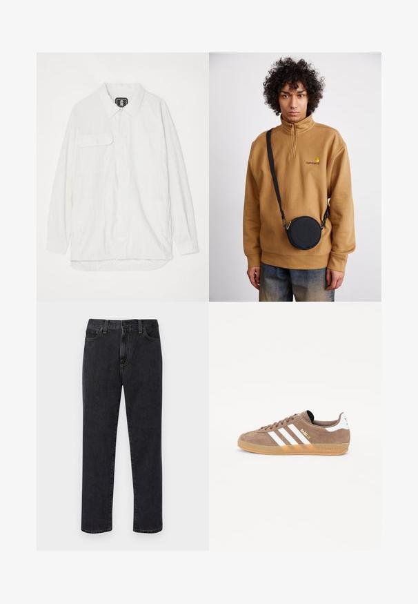 Hvit skjorte med knapp, laget av teksturert stoff, med krage, to frontlommer, og en buet nederkant med en litt lengre bak.; Kullgrå Adidas t-skjorte med korte ermer og en liten neongrønn grafikk av høyttalere, sol og Adidas-logo på venstre bryst.; Sorte straight-leg jeans med frontlommer, bæltestropper og knaplukning, vist mod en hvid baggrund.; Brune semskede sneakers med tre hvite striper, gylden "Gazelle"-logo og såle av gummigummi. Har polstret tunge og hæl for komfort.; Brun kvart-zip fleece genser med brodert logo, med en svart rund crossbody bag med glidelås og logodetalj, båret over denim.