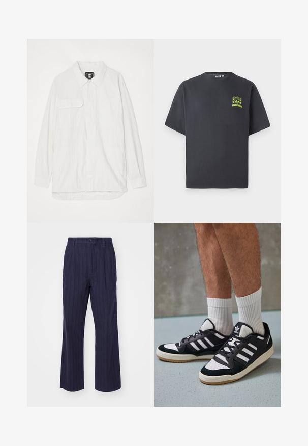 Bijela košulja s dugim rukavima napravljena od teksturirane tkanine, s kragnom, dva prednja džepa i zakrivljenim rubom koji je nešto duži straga.; Majica Adidas u boji ugljena s kratkim rukavima i malim grafikom u neon zelenoj boji koja prikazuje zvučnike, sunce i Adidas logotip na lijevoj strani prsnog koša.; Tamno plave, široke hlače s vertikalnim prugama, s jednim dugmetom za zatvaranje i prednjim nabranicama za dodatnu teksturu i dizajn.; Crne i bijele tenisice s gornjim dijelom od antilopa i kože, s tri bijele pruge, perforiranim prstom i gumiranim potplatom.