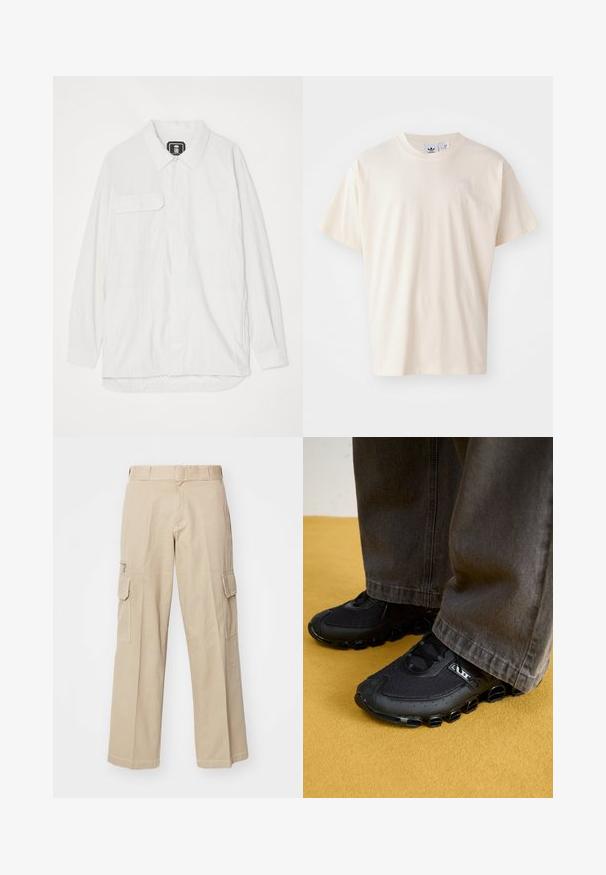 Fehér gombos ing, amely textúrált anyagból készült, gallérral, két elülső zsebbel és ívelt hem tettel, amely hátul kicsit hosszabb.; Krém színű pamut póló kerek nyakkal és rövid ujjakkal; a mellrészen egy kis, világos színű logó található.; Krémszínű cargo nadrág, széles lábakkal, számos zsebbel és kontrasztos varrással. Tartós pamut anyagból készült, övhurkokkal ellátva.; Fekete sportcipők hálós felsőrésszel, ívelt talppal és jellegzetes, lekerekített díszítésekkel. Sötét, laza nadrággal párosítva.