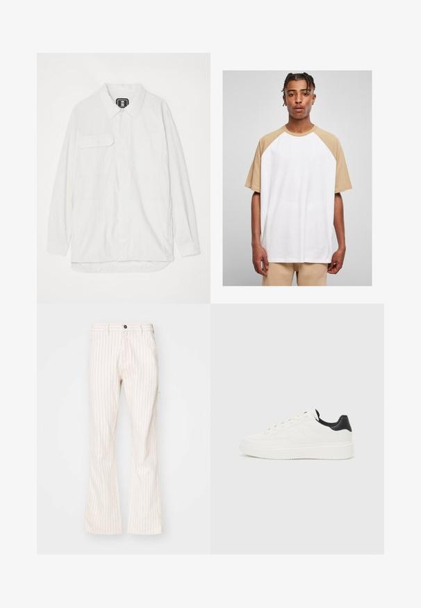 Biela košeľa na gombíky vyrobená z textúrovanej látky, s golierom, dvoma prednými vreckami a zakriveným hemom, ktorý je na chrbte mierne dlhší.; Biely tričko s krátkym rukávom a pieskovými raglánovými rukávmi. Hladká tkanina, voľný strih a dizajn s okrúhlym výstrihom, s rovným lemom na spodnej časti.; Krémeové rozšírené nohavice s vertikálnymi červenými pruhmi, s gombíkovým zapínaním, bočnými vreckami a hladkým textúrovaným materiálom.; Biele kožené tenisky s embosovaným vzorom, štruktúrovanou bielou medzipodrážkou a čiernym akcentom na päte. Majú zaoblenú špičku a ploché šnúrky.
