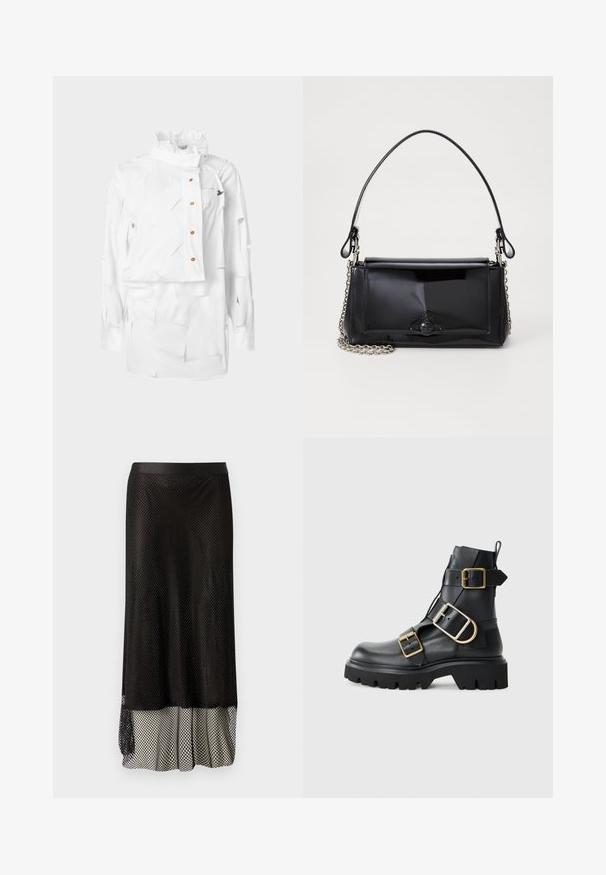 Bílá košile s pevně tvarovaným límečkem, asymetrickým designem, zapínáním na knoflíky a texturovanou látkou s vrstvenými výřezy a malým logem.; Černá síťovaná midi sukně s přiléhavým pasem, otevřeným diamantovým vzorem a volánkovou podšívkou na spodní části pro větší pohyb a strukturu.; Černé kožené kotníkové boty s robustní podešví, zdobené několika pásky a zlatými kovovými detaily. Hladký povrch, robustní design.; Černá lakovaná kožená kabelka obdélníkového tvaru, řetízkový popruh a výrazné kovové zdobení uprostřed. Hladká textura.