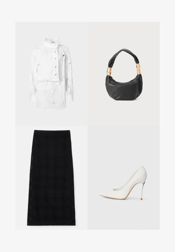 Fehér ing strukturált gallérral, aszimmetrikus kialakítással, gombos záródással és texturált anyagból, rétegezett kivágásokkal és apró logórészlettel.; Fekete, térdig érő szoknya, finom kockás mintával, jól illeszkedő derékrésszel és egyenes szabással. Könnyű anyagból készült.; Fehér magas sarkú pumpa, hegyes orral, finom csillámos textúrával borítva. Ezüst fém sarok kiemeli a kontrasztot. Elegáns dizájn.; Fekete bőr kézitáska kerek formával, puha textúrával és csomózott fogantyúval, aranyszínű fém díszítéssel. Cipzáras záródás.