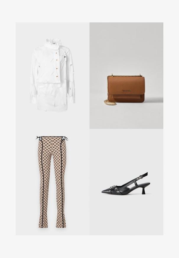 Valge särk struktureeritud kraega, asümmeetrilise disaini, nööpidega kinnituse ja tekstuurse kangaga, millel on kihilised lõiked ja väike logodetail.; Kujundusega retuusid heledas virsiku toonis musta logo prindiga, mustade külgõmbluste ja paeltega vöökohta. Laienev disain.; Must must have must toote tõmblukuga, dekoratiivsed rihmad metallist silmadega ja madal blokk-kand. Tekstureeritud pind.; Pruun tekstureeritud nahk ristkeha kott kuldse ahelaga rihmaga ja klapiga sulgemine. Esiküljel on logo detail ja tasku klapi all.