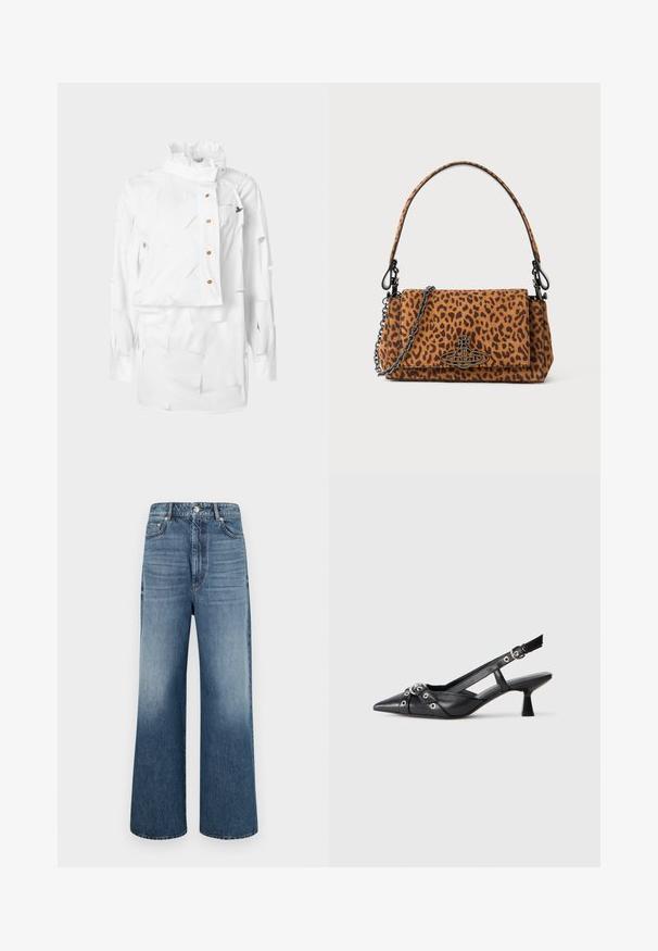 Balti marškiniai su struktūruotu apykakliu, asimetriniu dizainu, sagų užsegimu ir tekstūruota medžiaga, kurioje yra sluoksniuotos iškirptės bei mažas logotipo detalė.; Plačios džinsinės kelnės šviesiai mėlynos spalvos. Yra mygtukų uždarymas, penkios kišenės ir subtilus nusidėvėjimas. Švarus dizainas su tiesiu kirpimu.; Juodas odinis slingback tipo batai su smailiu priekiniu atvartu, dekoratyvinėmis sagtimis su metaliniais akyčiais ir žemu blokiniu kulnu. Saldus paviršius.; Žirafos rašto rankinė, pagaminta iš zomšos, su trumpa rankena, grandinėlės dirželiu ir juodo metalo užsegimu. Stačiakampio formos, su uždėta užsklanda.