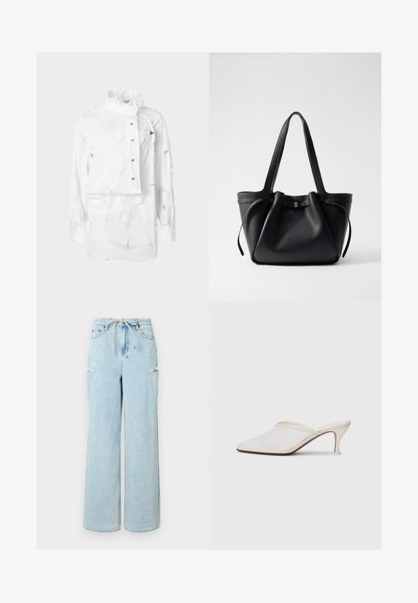 Valge särk struktureeritud kraega, asümmeetrilise disaini, nööpidega kinnituse ja tekstuurse kangaga, millel on kihilised lõiked ja väike logodetail.; Heledad sinine denim laiad püksid, millel on nöörivöö, kaks põlvekriipsu ja puhas ääre. Pehme tekstuur ja mugav lõige.; Valge võrkmaterjalist teravatoa mulli king, millel on peen keskmise kõrgusega konts ja libisev disain, tühjal taustal.; Must musta kott, millel on kaks pikka rihma, kergelt kokkusurutud ülaosa ja kuldne ümmargune aksessuaar. Sile tekstuur ja minimalistlik disain.