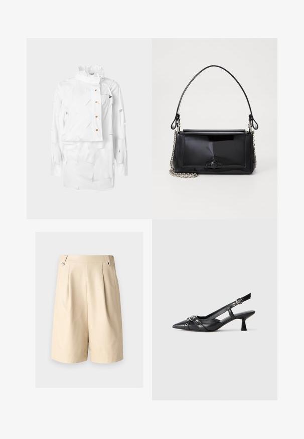 Fehér ing strukturált gallérral, aszimmetrikus kialakítással, gombos záródással és texturált anyagból, rétegezett kivágásokkal és apró logórészlettel.; Beige, redőzött rövidnadrág sima textúrával, két oldalsó zsebbel és ezüst színű fém kiegészítőkkel a derékon.; Fekete bőr slingback cipő hegyes orral, dekoratív pántokkal, fém szemekkel és alacsony blokk sarkú. Texturált felület.; Fekete lakkbőr kézitáska téglalap alakú, láncos vállpánttal és középen egy jellegzetes fém díszítéssel. Simaszerkezet.