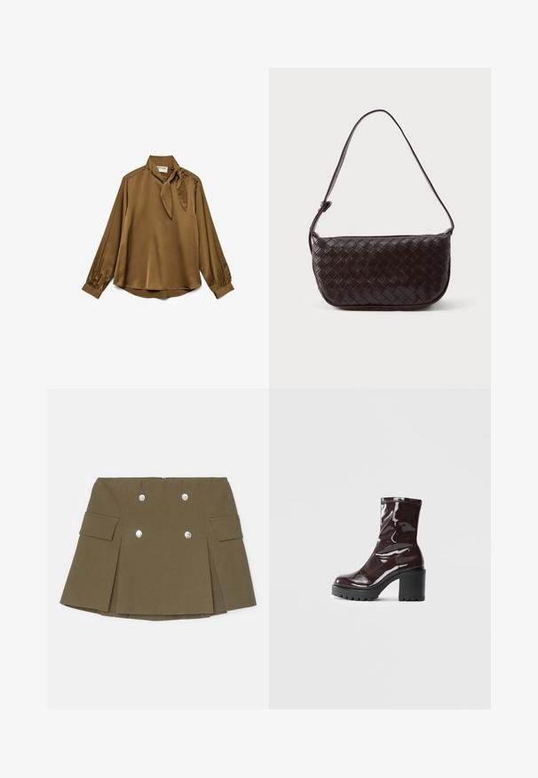 Ruda šilko bluzonė su kaklo raiščiu, ilgomis rankovėmis ir mygtukų akcentais ant pečių. Minkšta tekstūra ir laisvas siluetas.; Alyvuogės žalia mini sijonas, pagamintas iš tekstūruotos medžiagos, su dvigubos krūtinės sidabriniais mygtukais ir šoninėmis kišenėmis su klostėmis.; Blizgus burgundių spalvos kulknapis su tankiu juodu kulnu, pasižymintis lygiu paviršiumi ir paprastu dizainu. Nėra matomų užsegimų ar raštų.; Audiniu pintas odinis kuprinės krepšys tamsiai rudos spalvos, su išlenkta forma, reguliuojama dirželiu ir lygia apdaila. Kompaktiškas dizainas be matomų detalių.