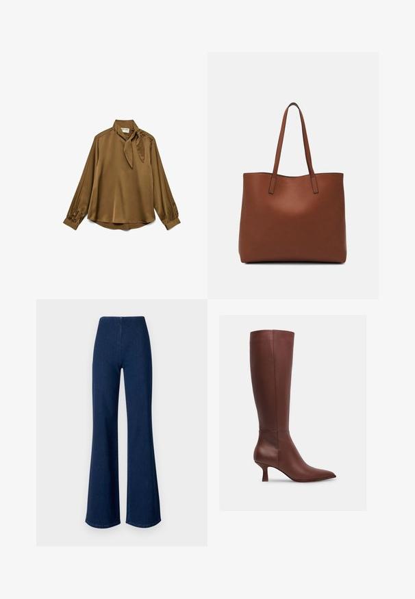 Brązowa jedwabna bluzka z krawatem przy kołnierzu, długimi rękawami i guzikami na ramionach. Miękka tekstura i luźny krój.; Ciemnoniebieskie dżinsy rozszerzane z denimu z elastycznym pasem. Charakteryzują się gładką fakturą i szerokimi nogawkami, które rozszerzają się do krawędzi.; Brązowy skórzany kozak do kolan z pochyloną noskiem i zwężanym obcasem. Gładka tekstura bez widocznych wzorów czy elementów metalowych.; Brązowa skórzana torba tote o gładkiej fakturze, z otwartym wierzchem i dwoma ramiączkami. Charakteryzuje się minimalnym przeszyciem i brakiem widocznych elementów metalowych.