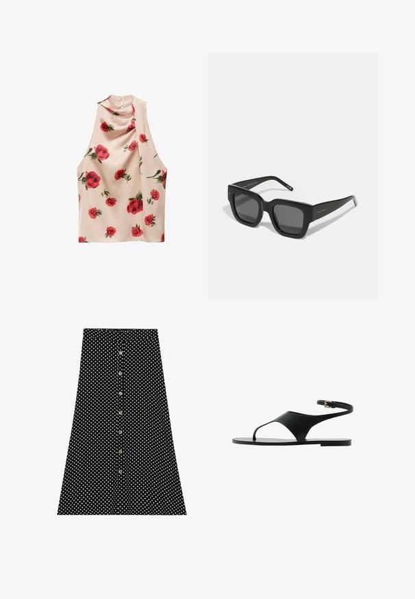 Hihattomalla paidalla vaaleanbeige-kankaasta, jossa on pehmeä ja virtaava tekstuuri. Sen muotoilussa on punaisia ruusuja kukkakuosi ja napitus takana.; Musta hame, jossa on valkoisia pilkkuja, poikkileikkaus napitettuna edessä, liehuva muotoilu ja joustava vyötärö. Silkkinen kangas.; Mustat litteät sandaalit, joissa on minimaalinen muotoilu, yhdellä hihnalla ja nilkkasoljella. Valmistettu sileästä materiaalista, jossa on litteä pohja.; Musta neliön muotoiset aurinkolasit tummilla linsseillä, paksusta muovista valmistettu runko ja tyylikkäät templet. Sivussa on hienostunut brändäys.