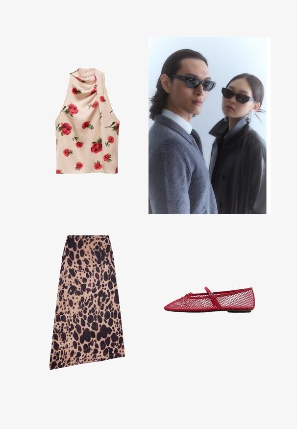 Hihattomalla paidalla vaaleanbeige-kankaasta, jossa on pehmeä ja virtaava tekstuuri. Sen muotoilussa on punaisia ruusuja kukkakuosi ja napitus takana.; Beige kääriti seelik suurte ebaühtlaste mustade ja tumedate pruunide leopardilaikudega, midi pikkus ja asümmeetriline äär.; Punaiset verkkomateriaalista valmistetut balettikengät, joissa on teräväkärkinen muotoilu ja ohut nauha sekä solkiyksityiskohta. Yläsovitus on avoin, pesäkynttäkuvioitu.; Aurinkolasit, joissa on kulmikkaat mustat kehykset, malli, jolla on päällään harmaa neulepaita, esittelee teksturoitua neulosta ja mustaa nahkatakkia, jota pitää toinen malli.