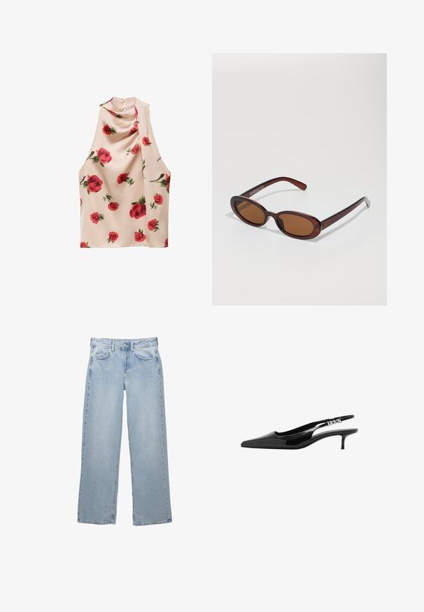 Top senza maniche in tessuto beige chiaro con una texture morbida e fluida. Presenta una stampa floreale con rose rosse e una chiusura a bottone sul retro.; Jeans in denim blu chiaro con design a gamba larga, dotati di chiusura a bottoni e zip, cinque tasche e dettagli di cucitura minimi.; Scarpa slingback in pelle verniciata nera con punta appuntita e tacco basso. Presenta un accento metallico lungo la cinghia per un tocco di dettaglio in più.; Occhiali da sole rotondi con tonalità marrone, montatura lucida color bordeaux. Aste sottili con un sottile dettaglio del marchio. Design delle lenti piatte.; Borsa a spalla in pelle rossa con un design curvo, texture liscia e chiusura con zip. Presenta un manico sottile per il trasporto.