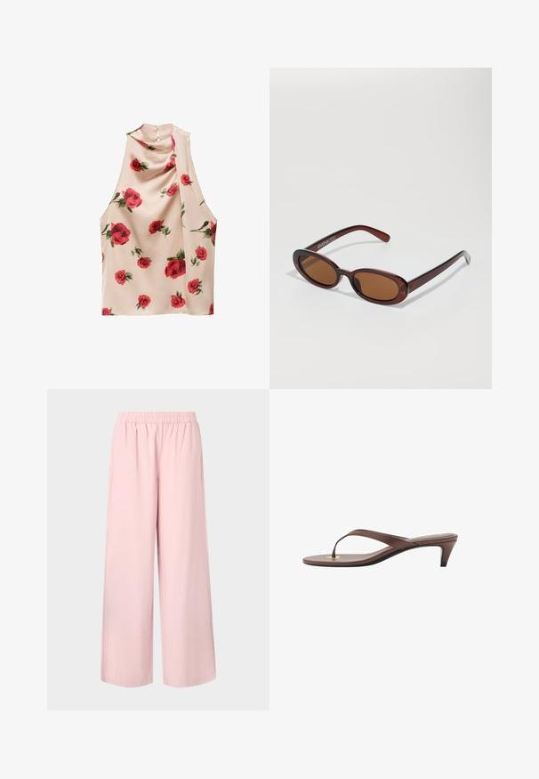 Sleeveless blouse in light beige fabric with a soft, flowy texture. Features red rose floral print and a button closure at the back.; Pink wide-leg pants with an elastic waistband and smooth texture, featuring a loose fit and straight cut from waist to hem.; Brown heeled flip-flop sandal with a slender strap and rounded toe post, featuring a small gold accent on the footbed.; Round, brown-tinted sunglasses with a glossy burgundy frame. Slim arms with subtle branding detail. Flat lens design.; Woven beige handbag with a curved silhouette and a thick handle, featuring a textured, structured design and a subtle logo accent.