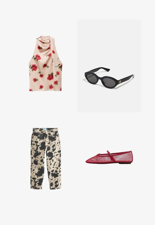 Top senza maniche in tessuto beige chiaro con una texture morbida e fluida. Presenta una stampa floreale con rose rosse e una chiusura a bottone sul retro.; Jeans in cotone beige con un motivo a macchie nere, caratterizzati da gambe dritte, cinque tasche e hardware in metallo. Bordo pulito ai polsini.; Ballerine in rete rossa con punta affusolata, dotate di una sottile cinghia e dettaglio a fibbia. La parte superiore presenta un motivo aperto a nido d'ape.; Occhiali da sole neri a forma ovale con lenti scure e montatura in plastica lucida. Presentano un logo dorato sulla stanghetta, offrendo un design elegante e moderno.