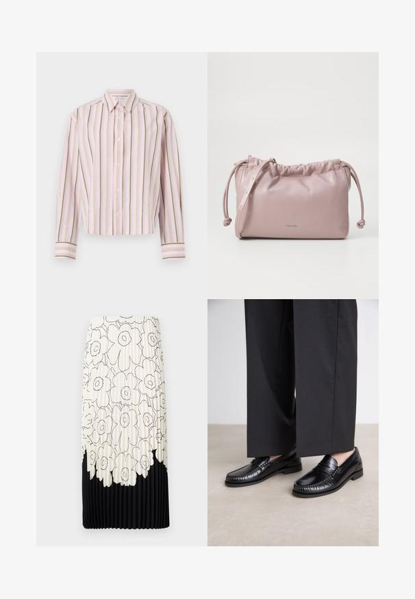 Chemise rayée rose clair avec des lignes verticales vertes et jaunes, fermeture à boutons, et manches longues avec des poignets contrastants.; Jupe plissée avec un motif floral en noir et blanc, présentant une partie supérieure claire avec des fleurs et un ourlet inférieur noir uni.; Mocassins en cuir noir avec une finition lisse, descoutures autour de l'orteil et une semelle en caoutchouc basse. Assortis à un pantalon large noir.; Sac en cuir lisse rose blush, avec un haut froncé, une fermeture à cordon et une fine sangle. Présente un logo Calvin Klein discret sur le devant.